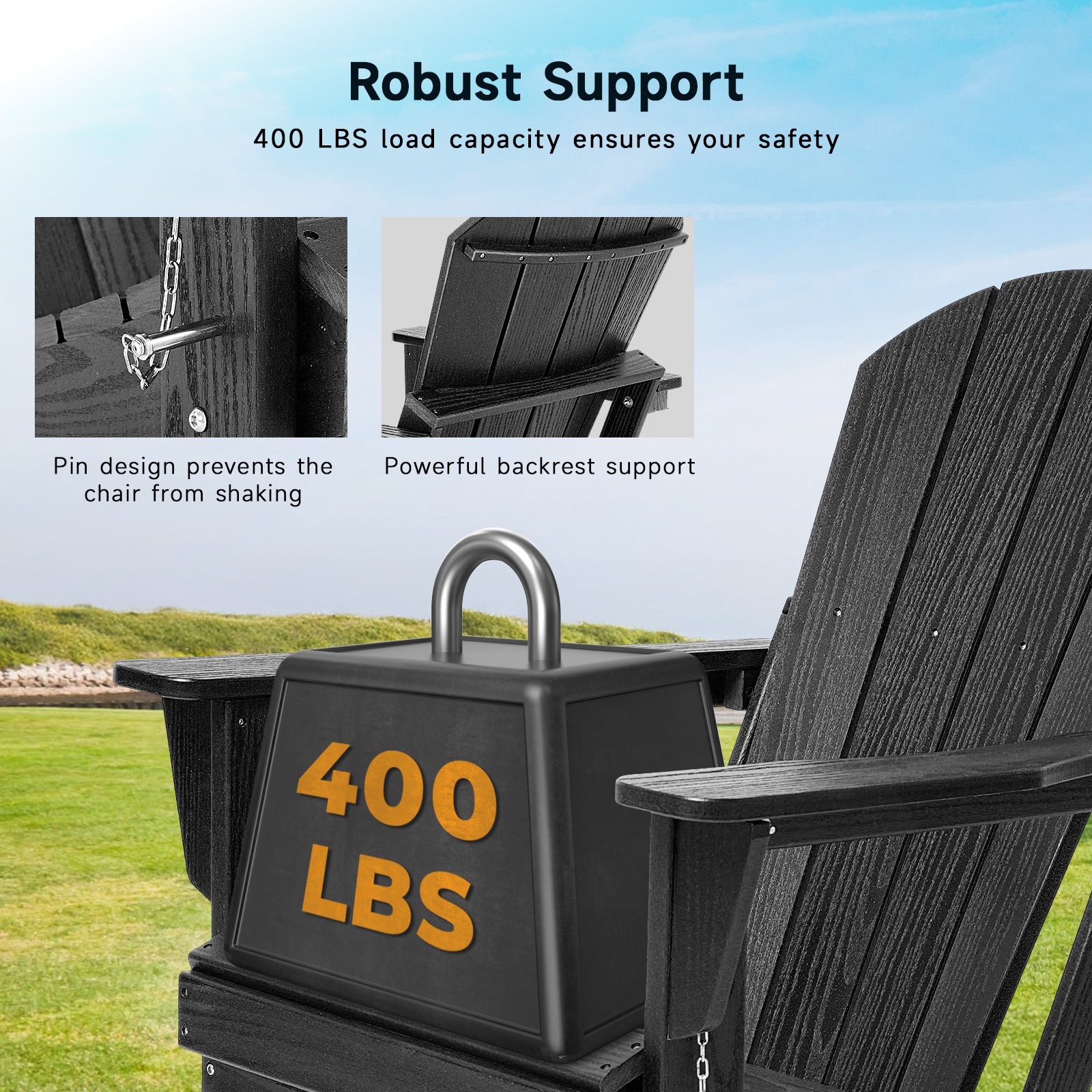 HDPE All WeatherFolding Adirondack Chair, Black