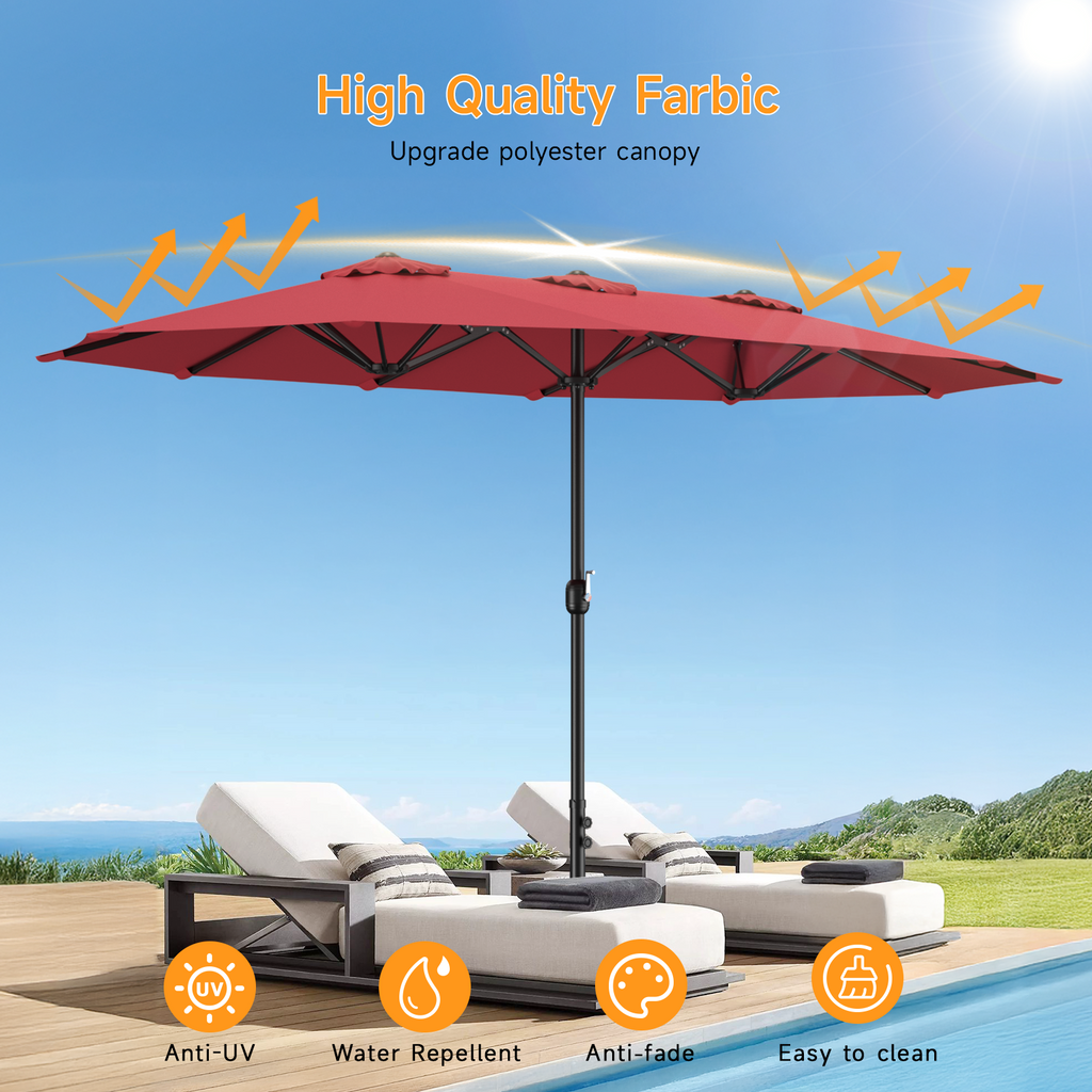 15ft Double Sided Outdoor Patio Umbrella with Base Included, Red