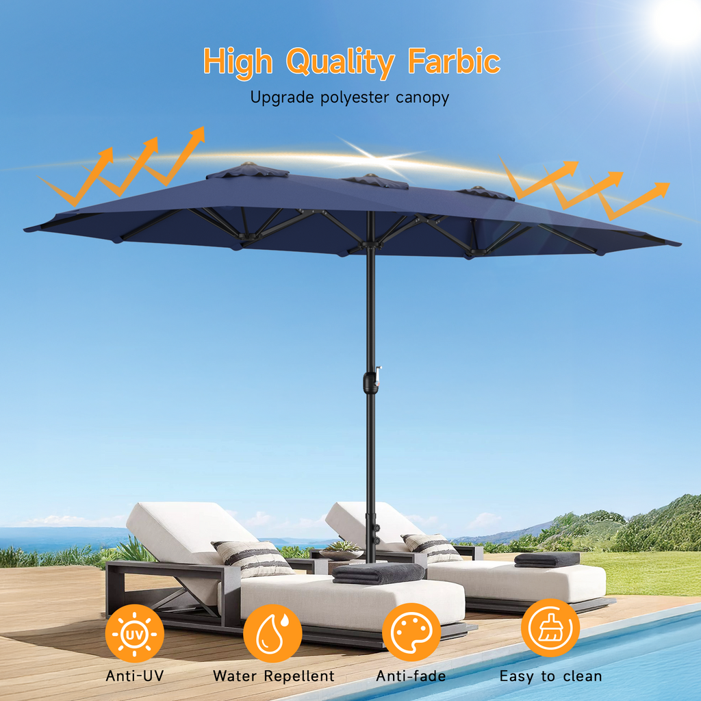 15ft Double Sided Outdoor Patio Umbrella with Base Included, Navy Blue