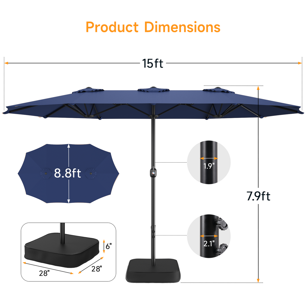 15ft Double Sided Outdoor Patio Umbrella with Base Included, Navy Blue