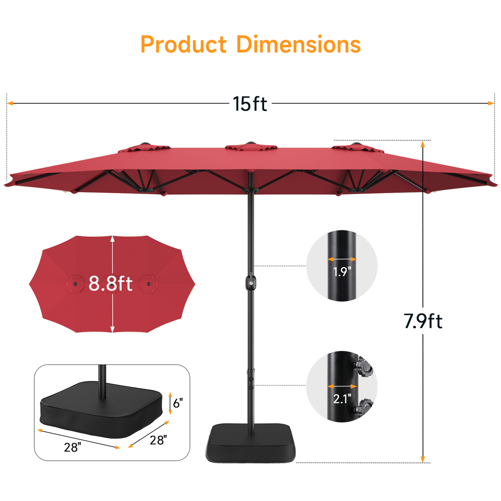 15ft Double Sided Outdoor Patio Umbrella with Base Included, Red