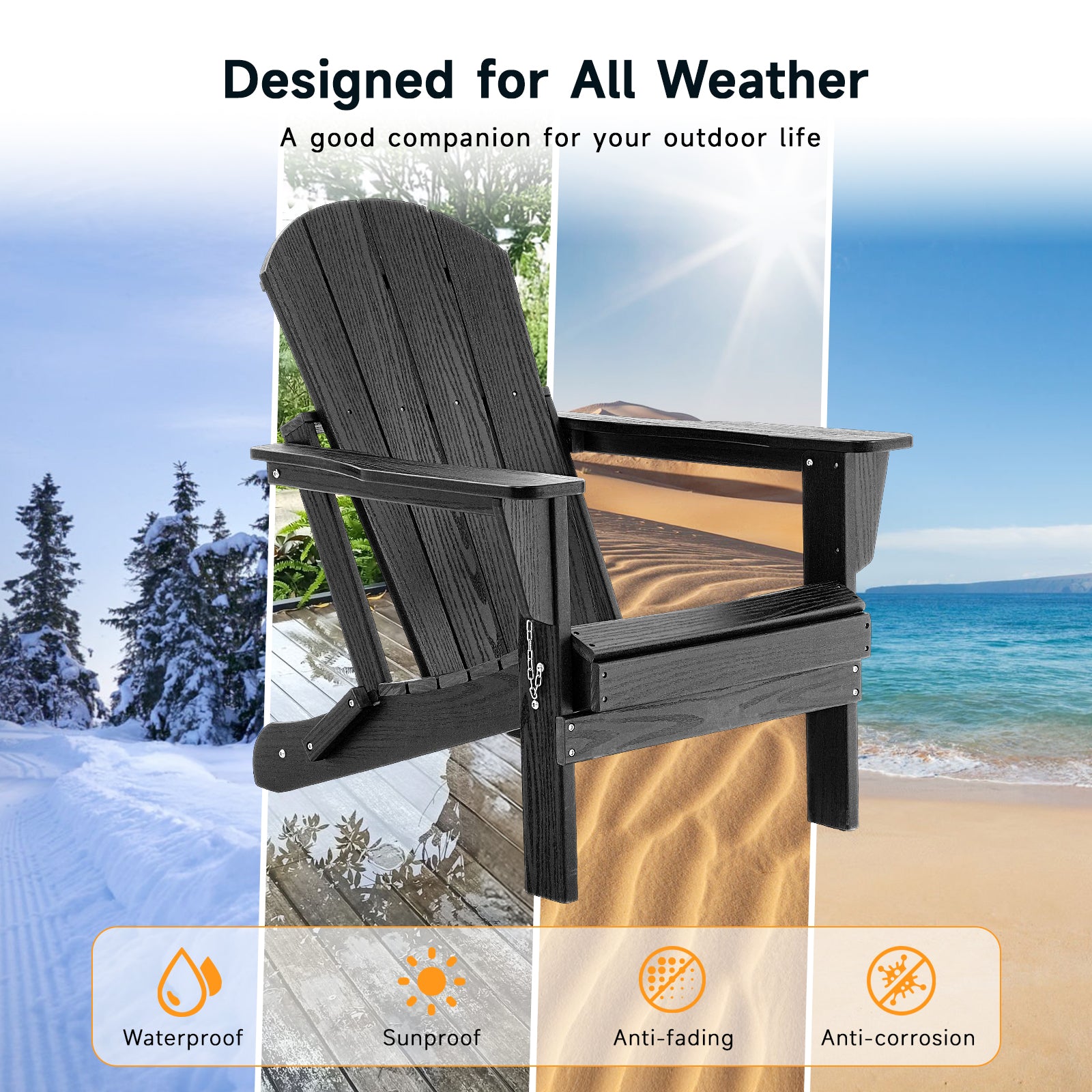 HDPE All WeatherFolding Adirondack Chair, Black