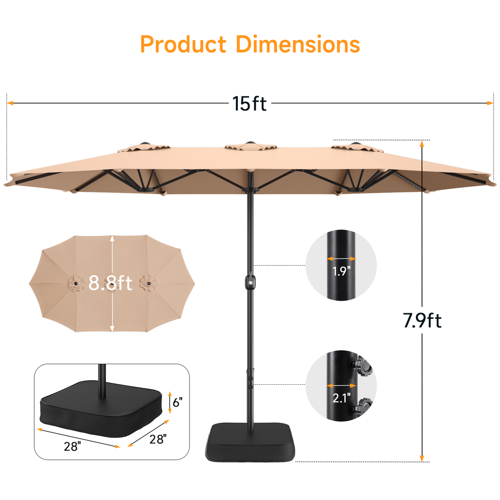 15ft Double Sided Outdoor Patio Umbrella with Base Included, Champagne