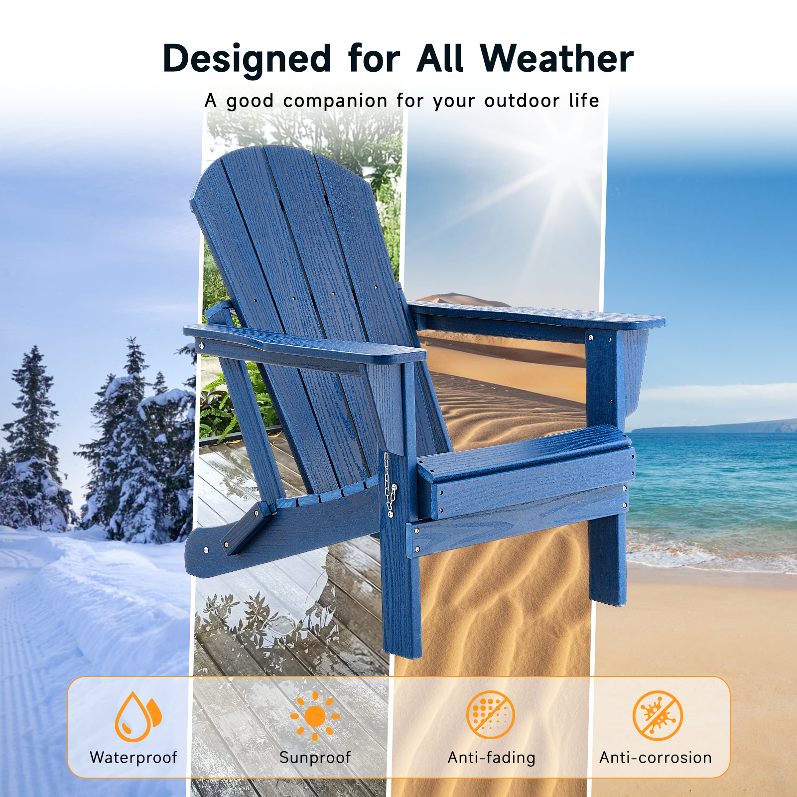 HDPE All WeatherFolding Adirondack Chair, Blue