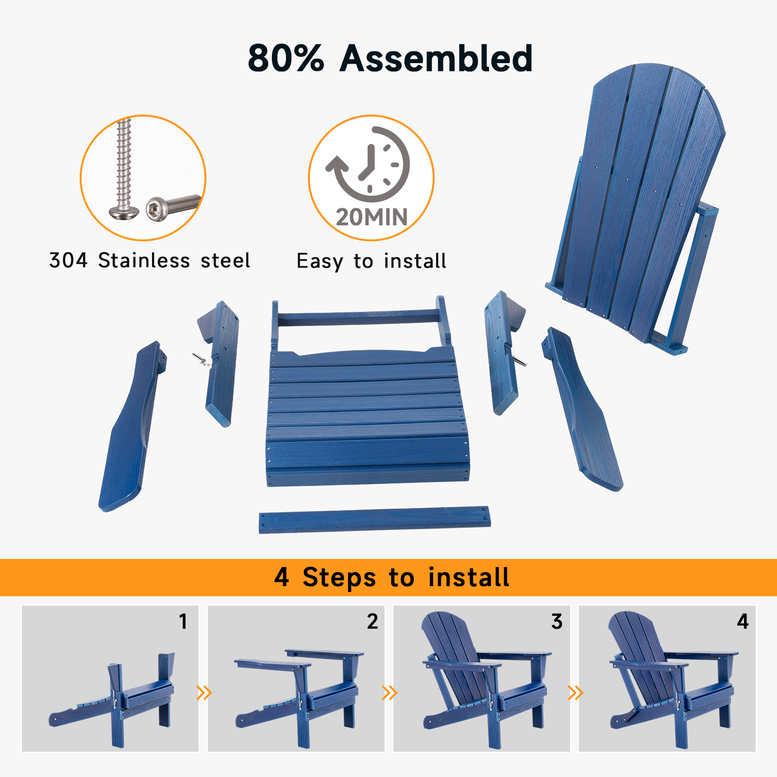 HDPE All WeatherFolding Adirondack Chair, Blue