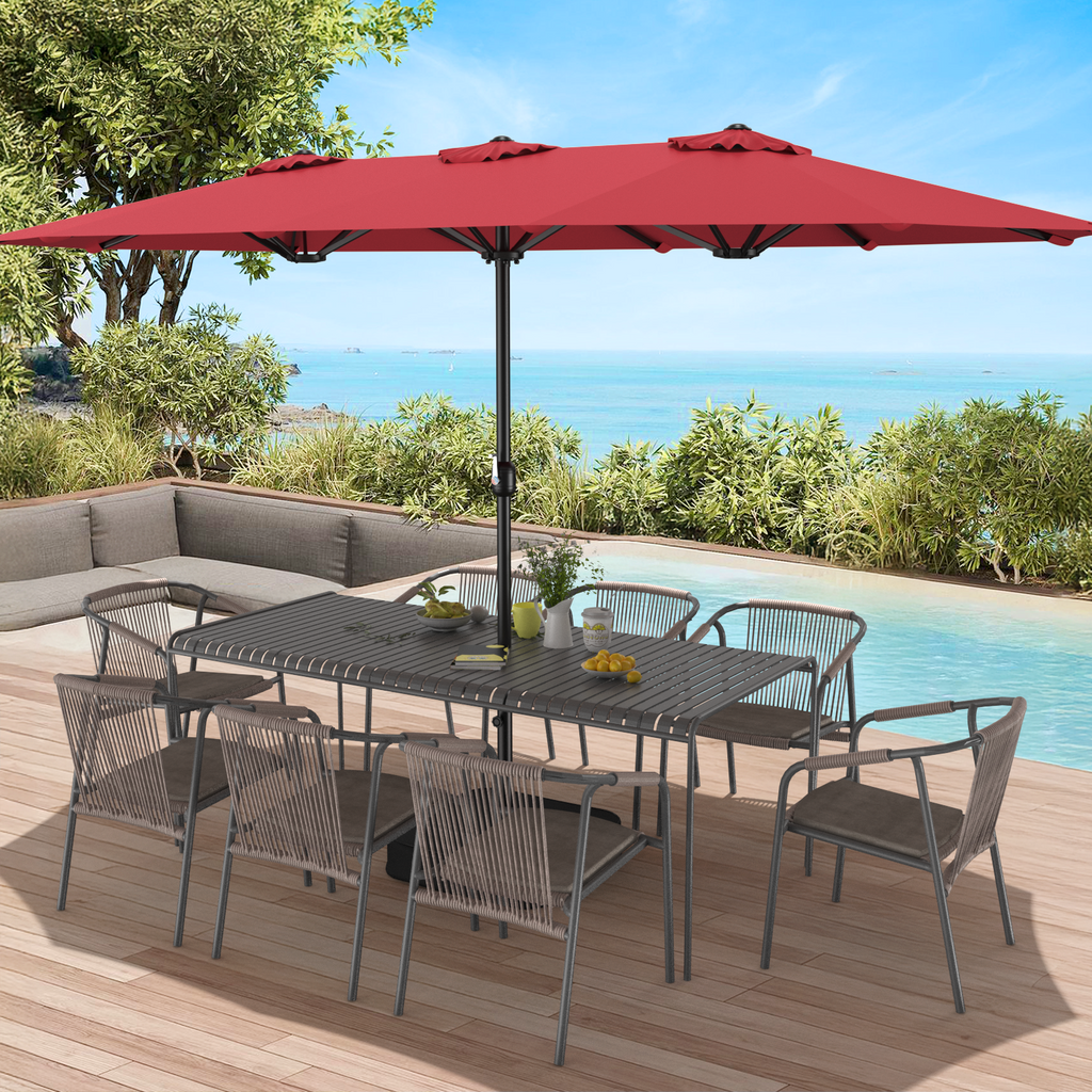15ft Double Sided Outdoor Patio Umbrella with Base Included, Red