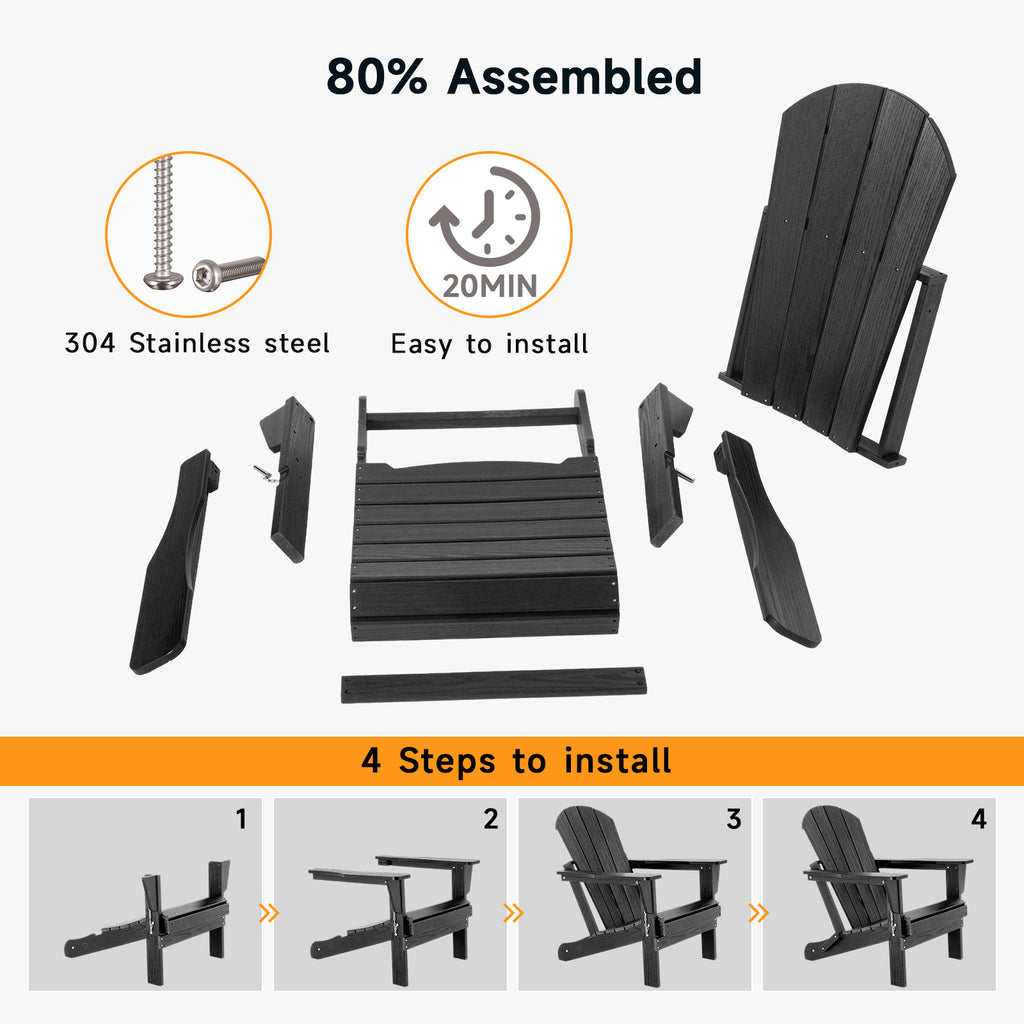 HDPE All WeatherFolding Adirondack Chair, Black