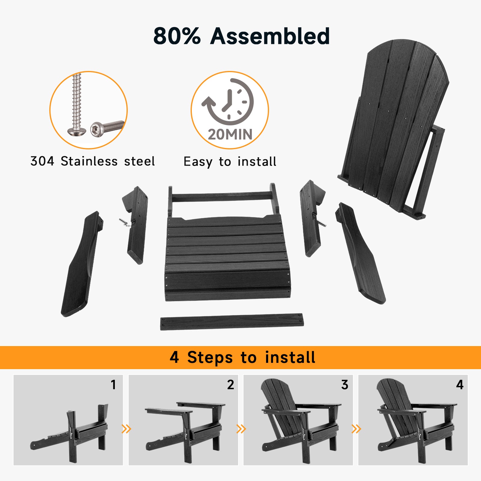 HDPE All WeatherFolding Adirondack Chair, Black