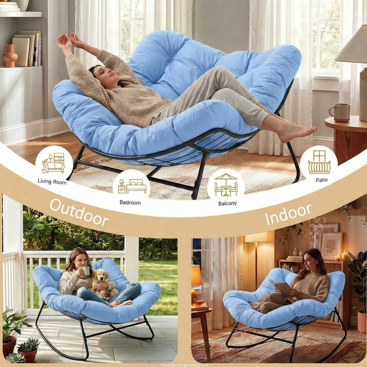 Outdoor Oversized Papasan Rocking Chair with Padded Cushion, Blue
