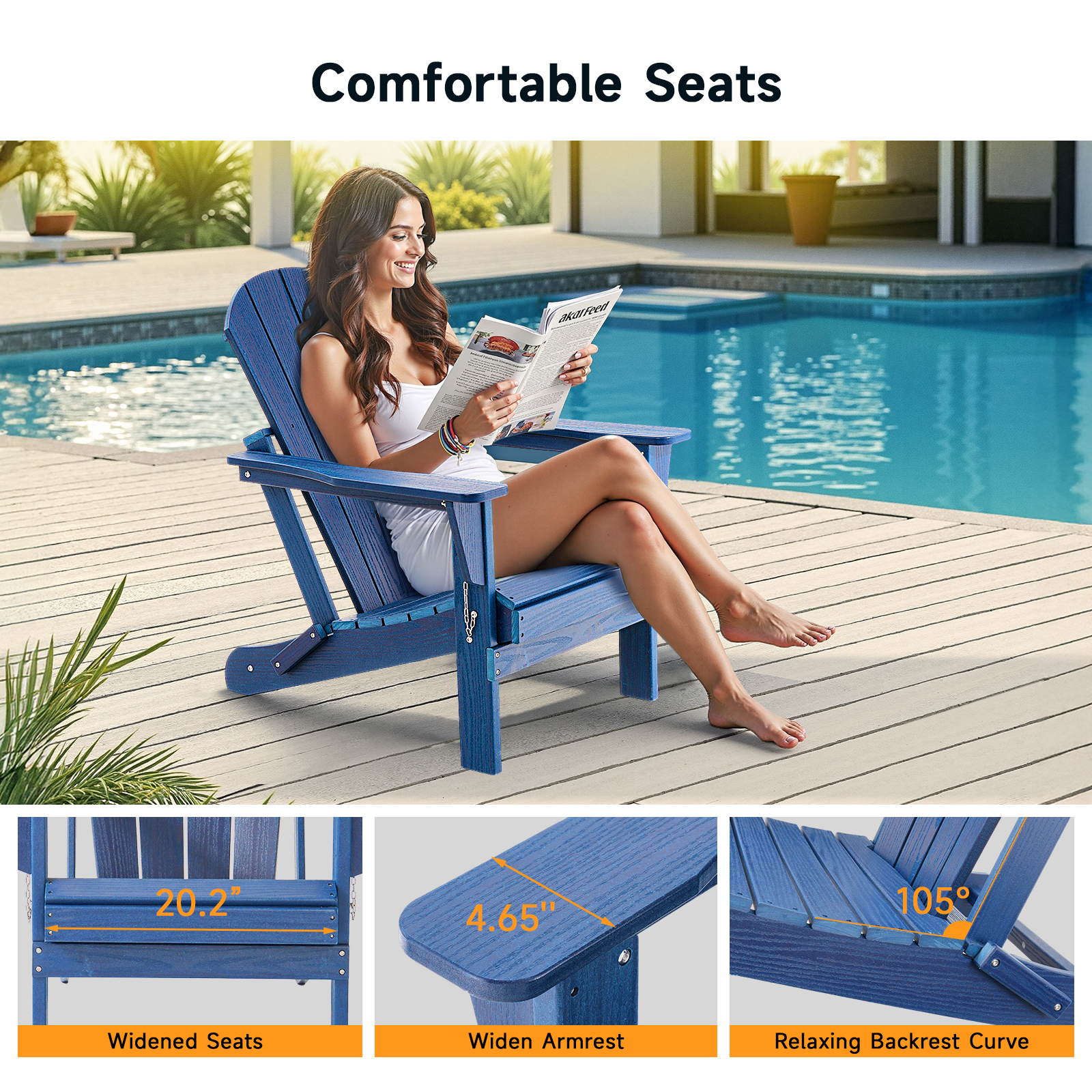 HDPE All WeatherFolding Adirondack Chair, Blue