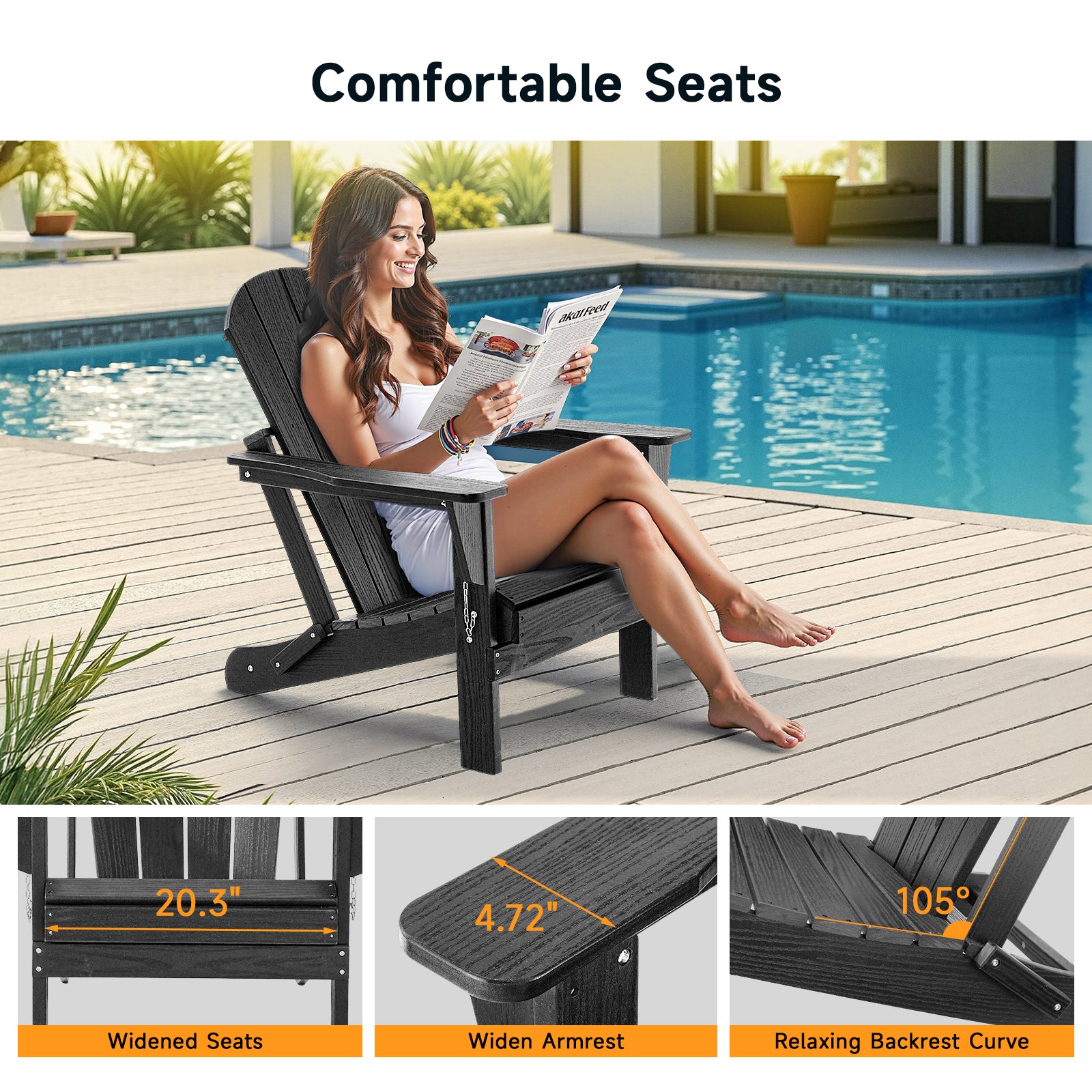 HDPE All WeatherFolding Adirondack Chair, Black