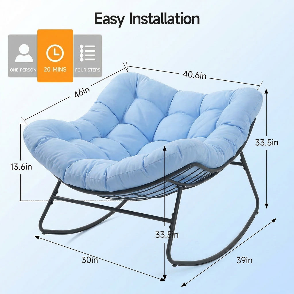 Outdoor Oversized Papasan Rocking Chair with Padded Cushion, Blue