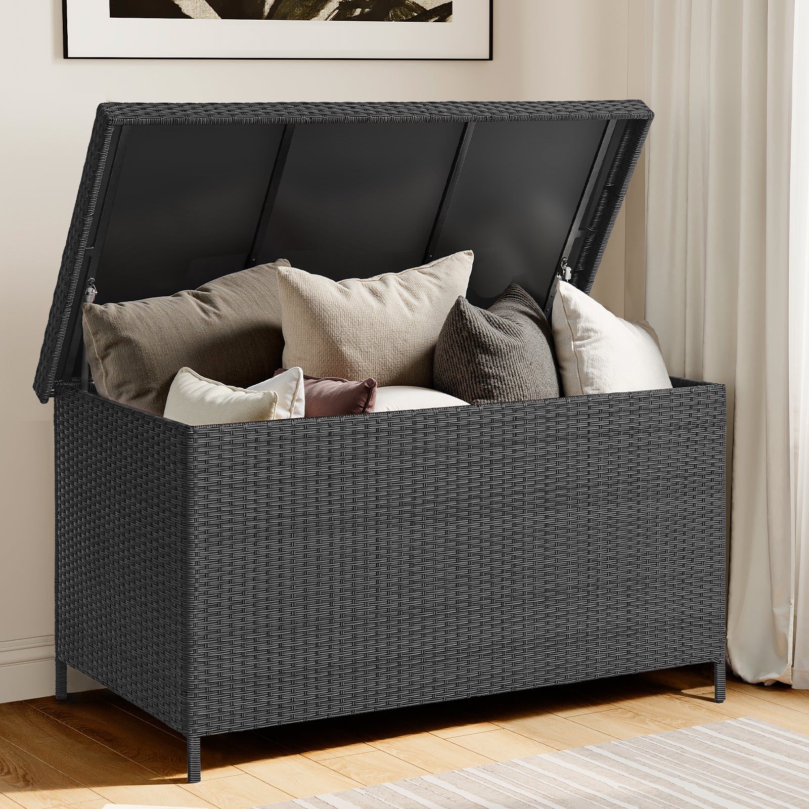 158 Gallon Deck Box, Large Wicker Outdoor Storage Box, Black