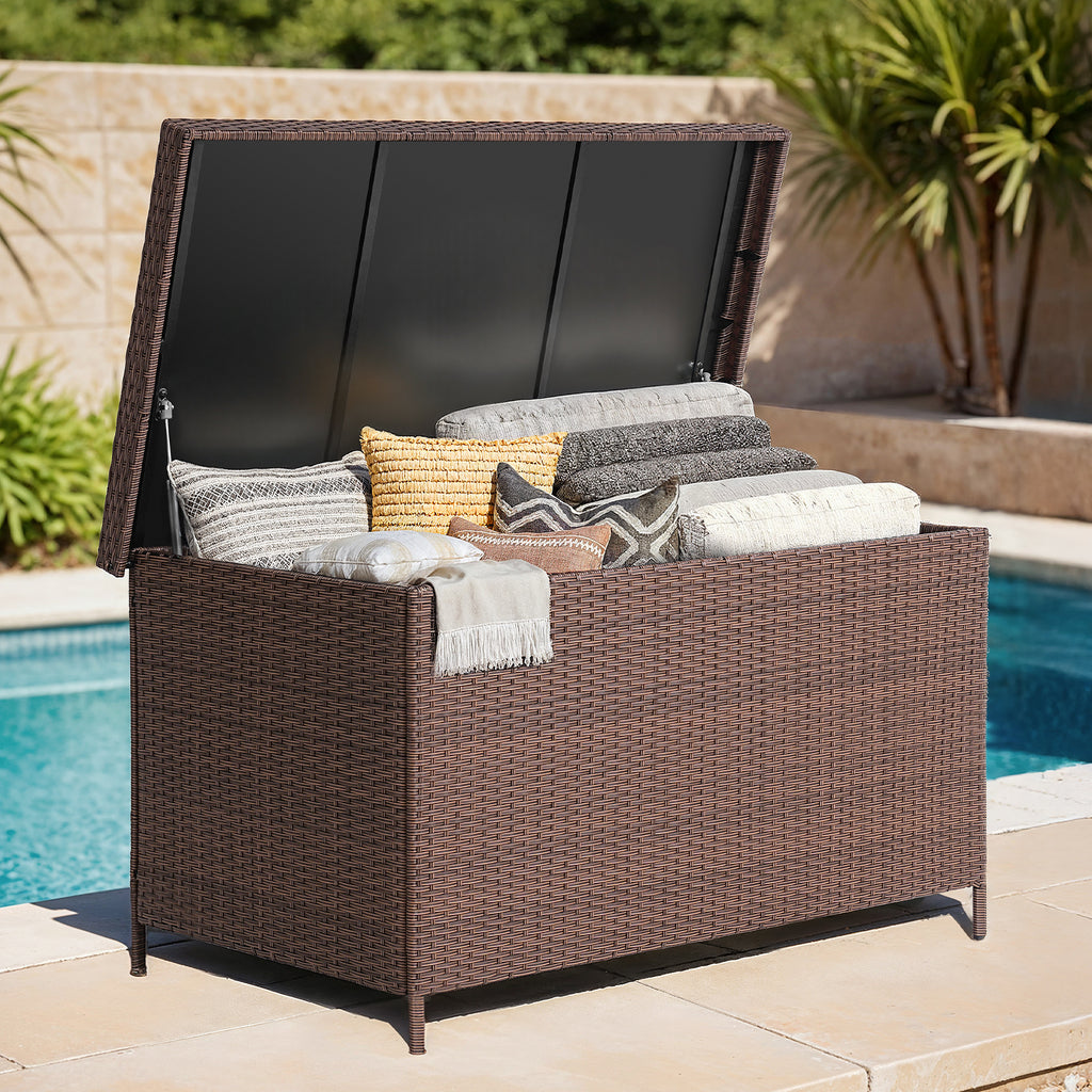 158 Gallon Deck Box, Large Wicker Outdoor Storage Box, Brown