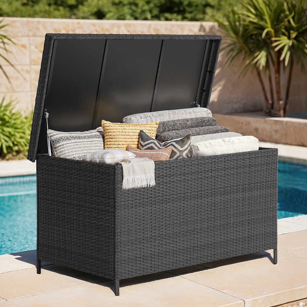 158 Gallon Deck Box, Large Wicker Outdoor Storage Box, Black