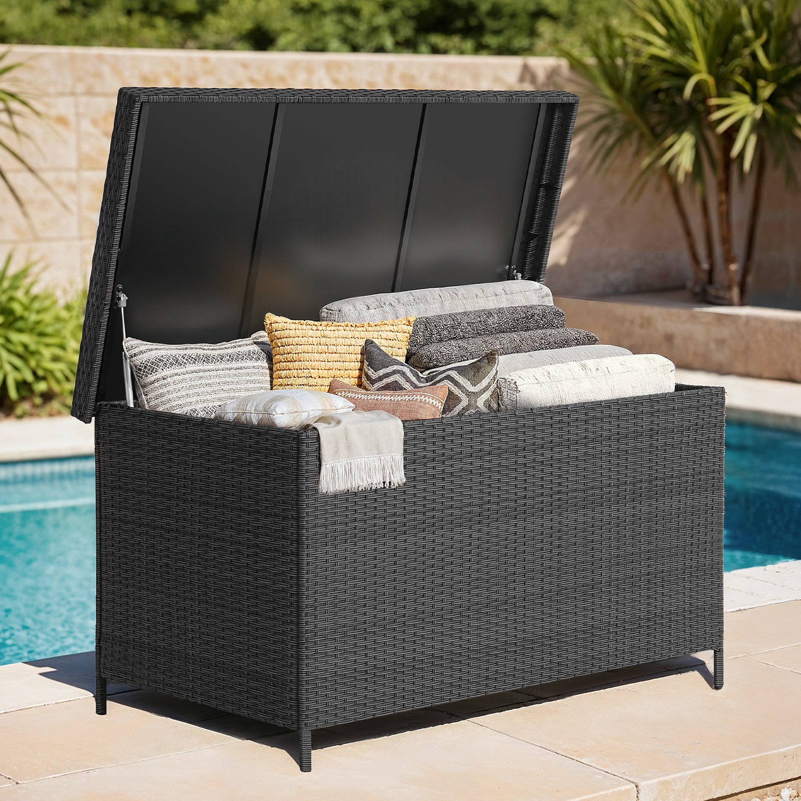 158 Gallon Deck Box, Large Wicker Outdoor Storage Box, Black