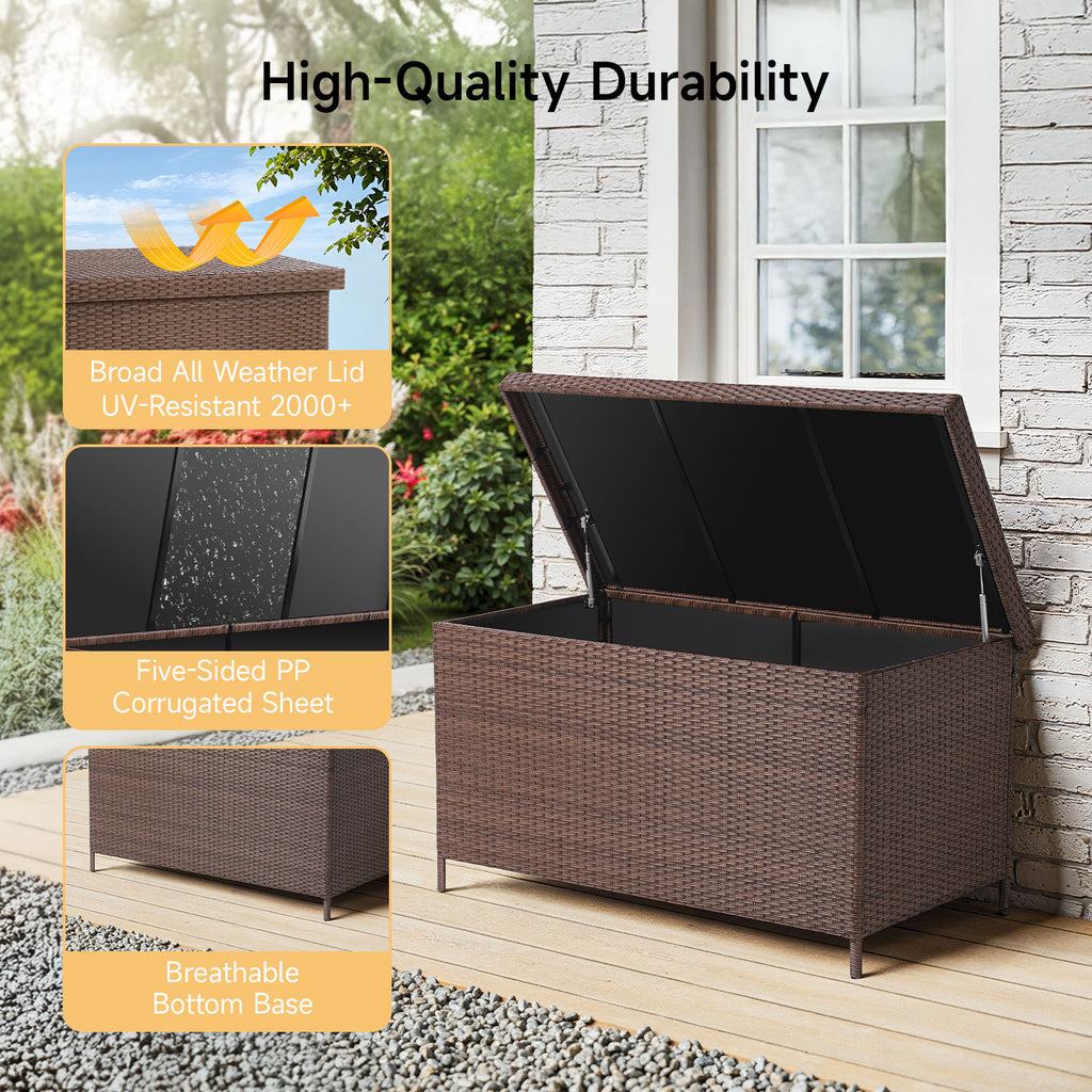 158 Gallon Deck Box, Large Wicker Outdoor Storage Box, Brown