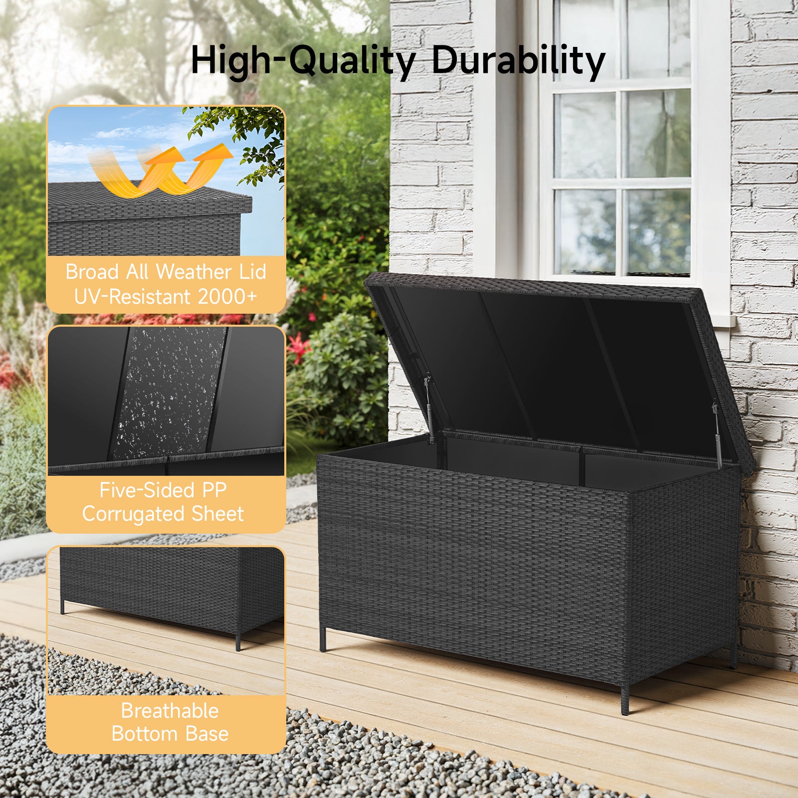 158 Gallon Deck Box, Large Wicker Outdoor Storage Box, Black