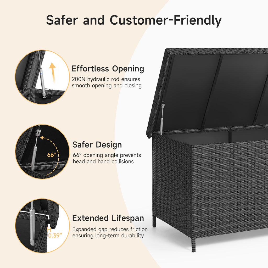 158 Gallon Deck Box, Large Wicker Outdoor Storage Box, Black
