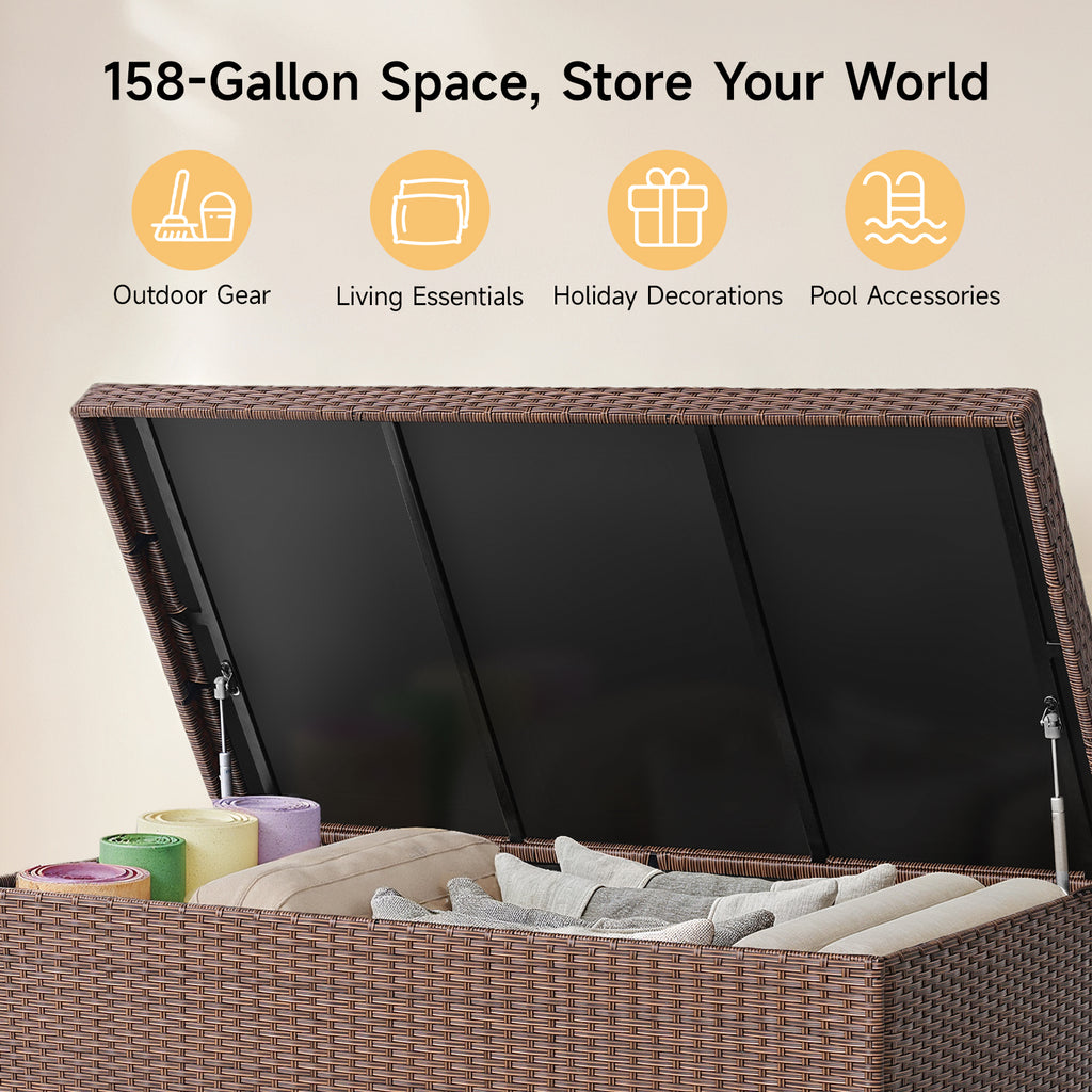 158 Gallon Deck Box, Large Wicker Outdoor Storage Box, Brown