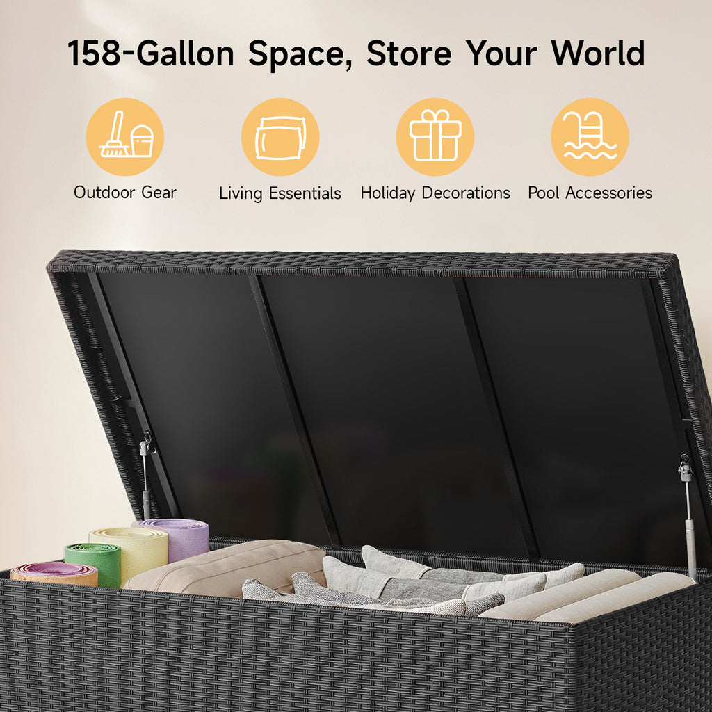 158 Gallon Deck Box, Large Wicker Outdoor Storage Box, Black