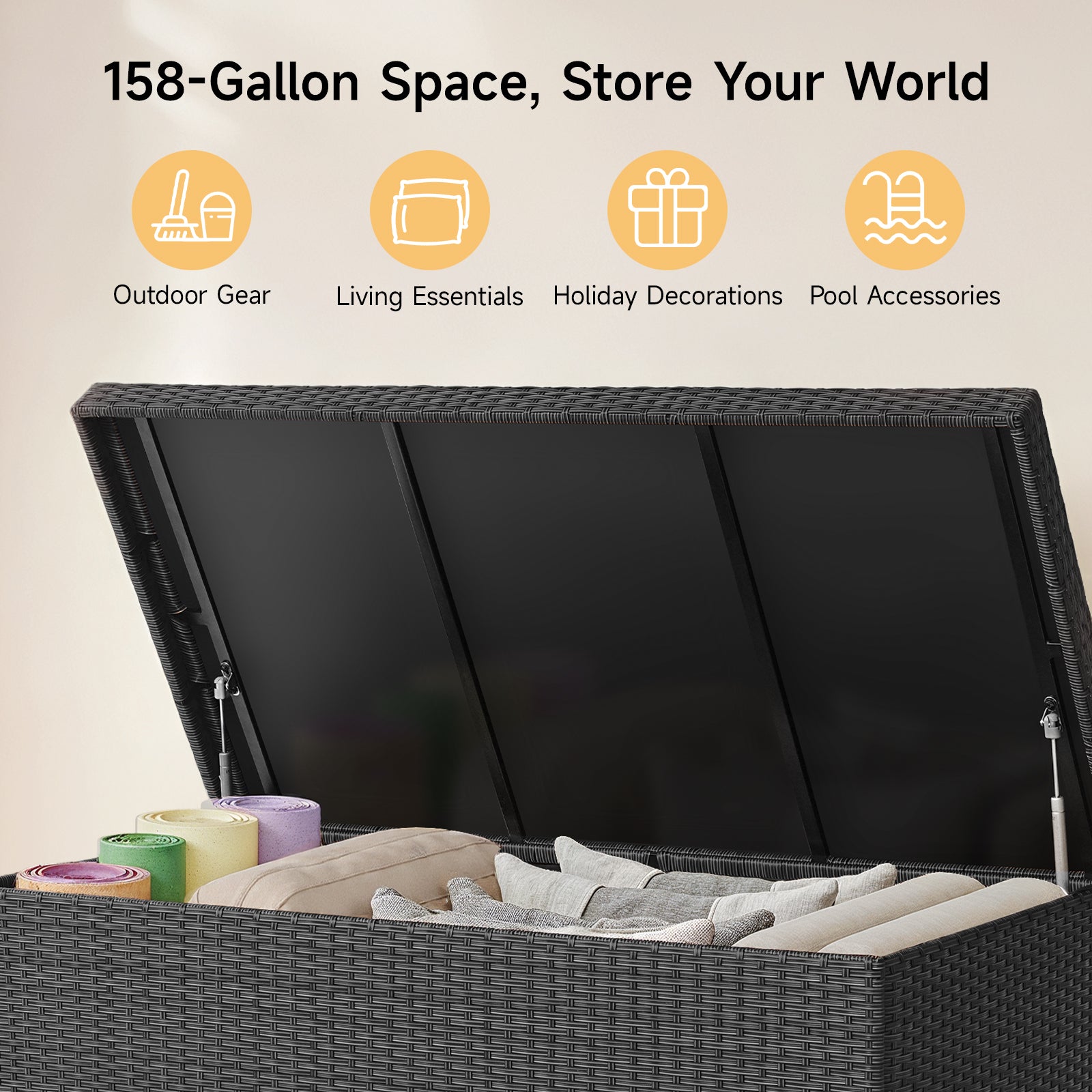 158 Gallon Deck Box, Large Wicker Outdoor Storage Box, Black