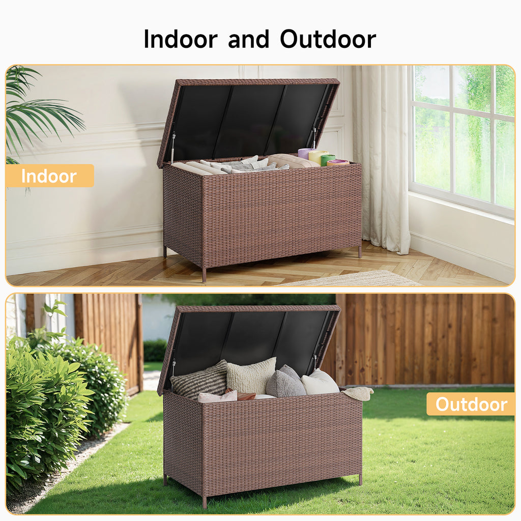 158 Gallon Deck Box, Large Wicker Outdoor Storage Box, Brown