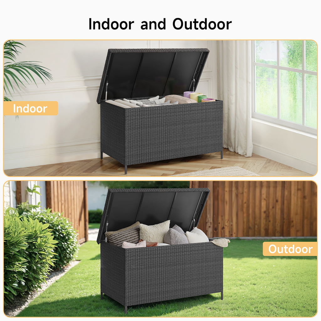 158 Gallon Deck Box, Large Wicker Outdoor Storage Box, Black