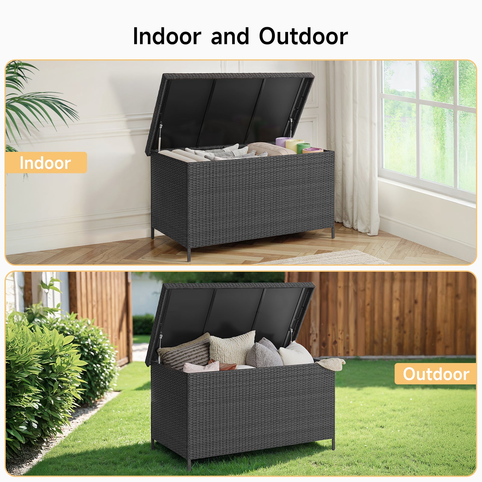 158 Gallon Deck Box, Large Wicker Outdoor Storage Box, Black