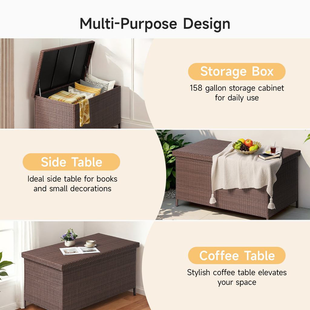 158 Gallon Deck Box, Large Wicker Outdoor Storage Box, Brown