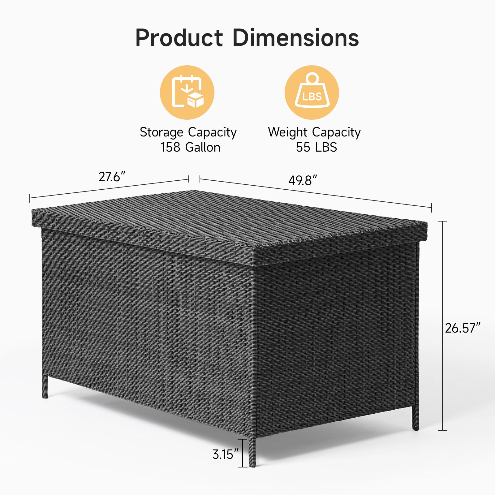 158 Gallon Deck Box, Large Wicker Outdoor Storage Box, Black