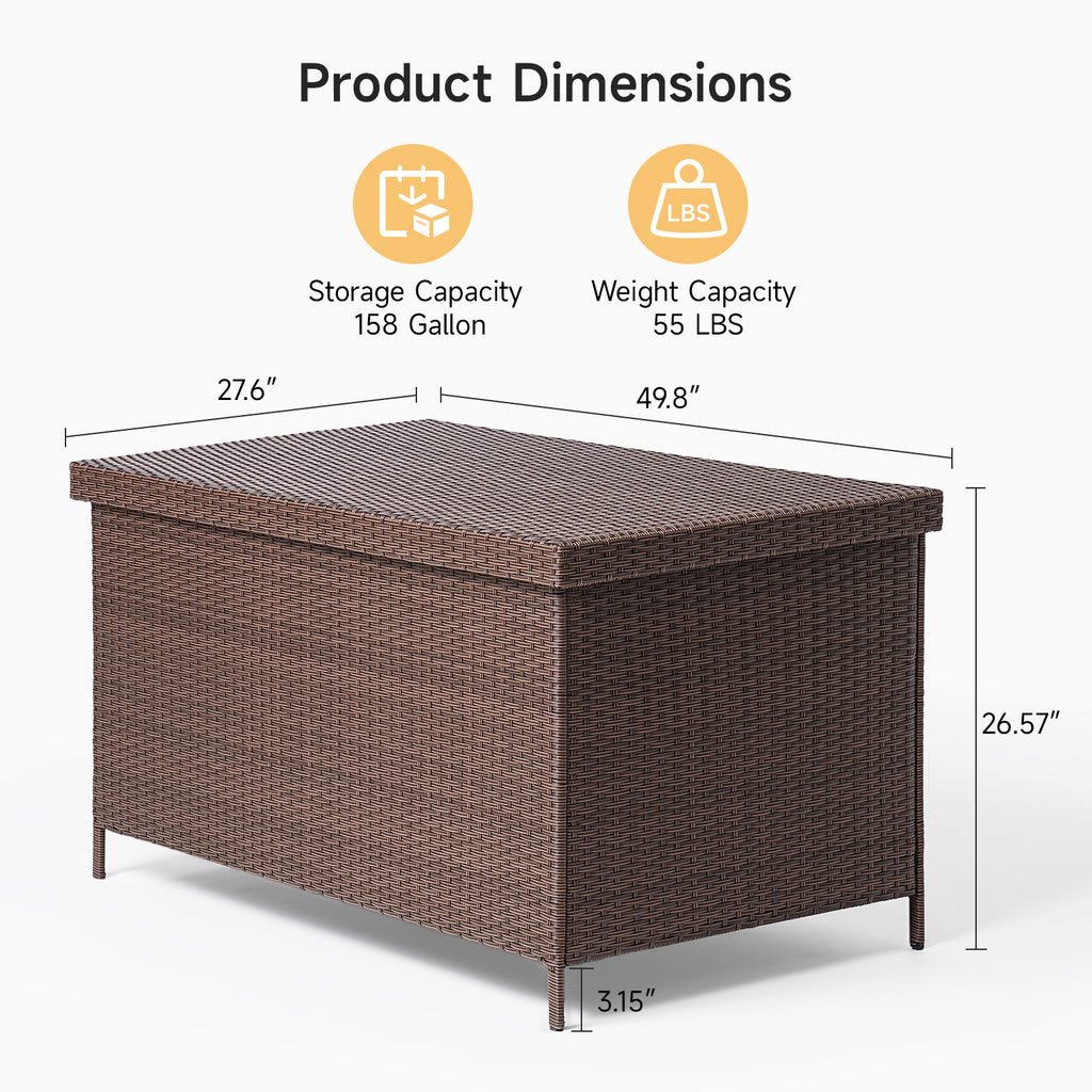 158 Gallon Deck Box, Large Wicker Outdoor Storage Box, Brown