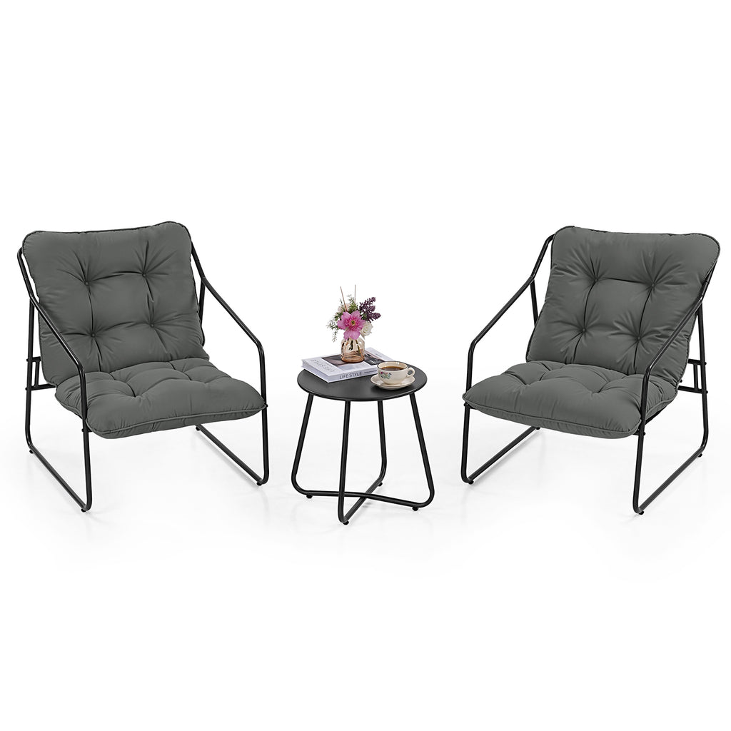 3 Piece Outdoor Bistro Set Patio Upholstered Lounge Chairs, Gray