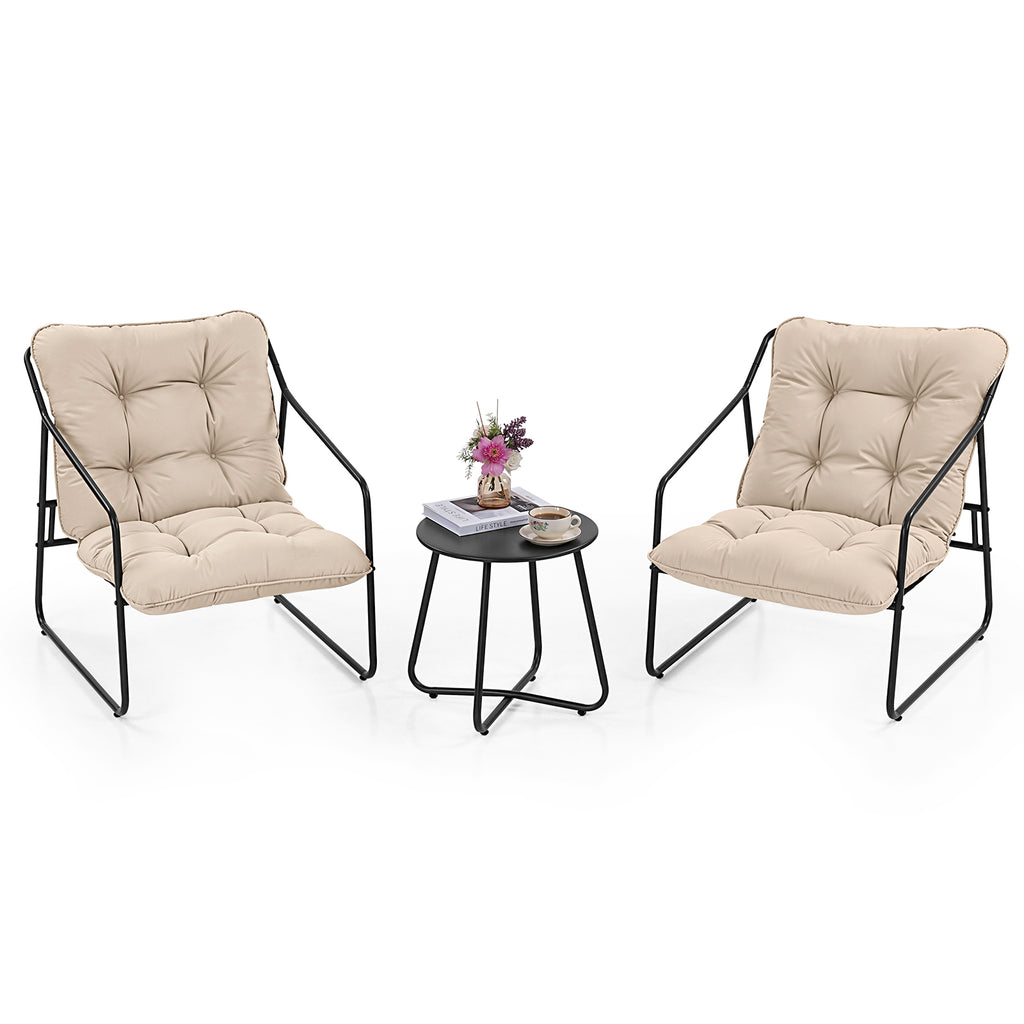 3 Piece Outdoor Bistro Set Patio Upholstered Lounge Chairs, Beige