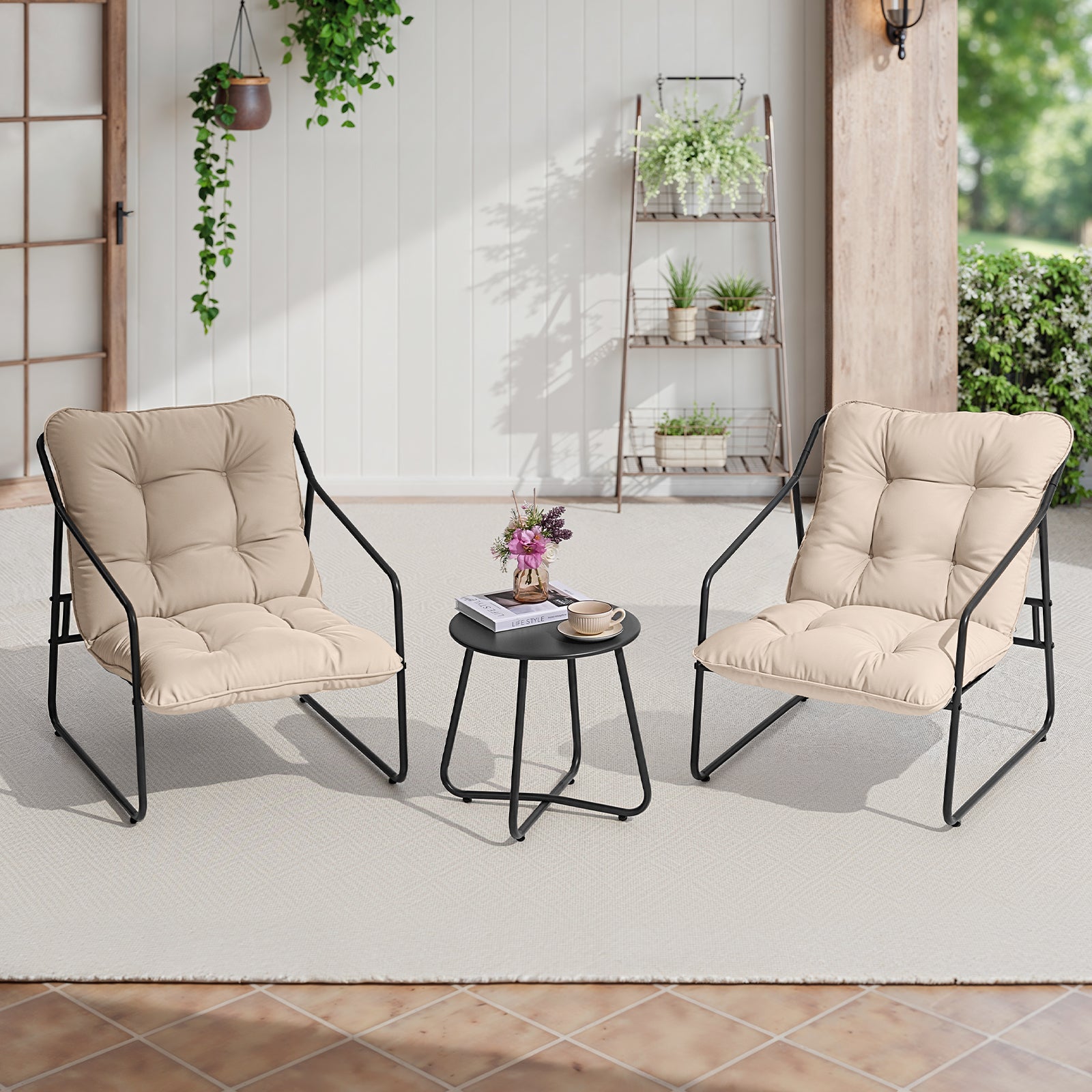 3 Piece Outdoor Bistro Set Patio Upholstered Lounge Chairs, Beige