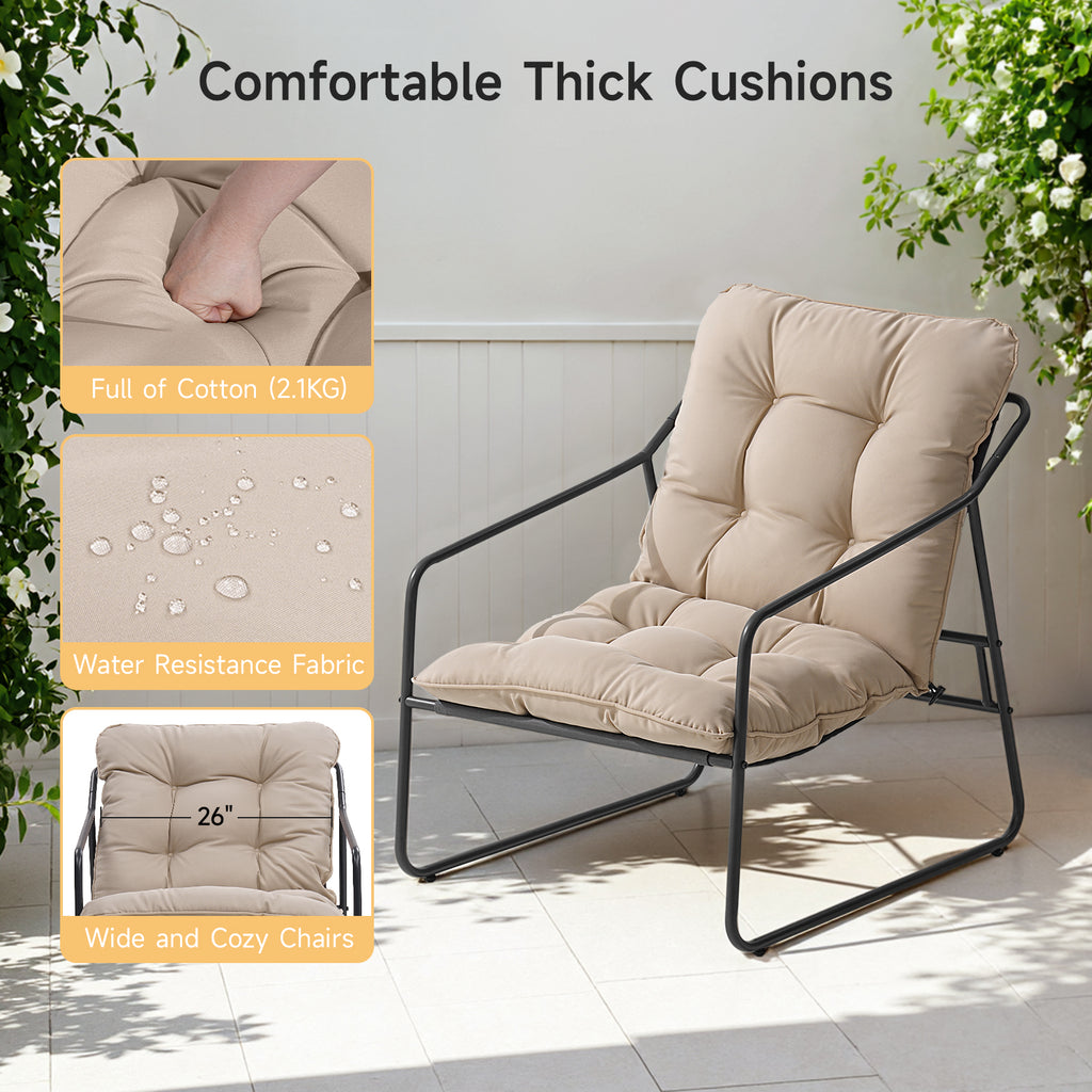 3 Piece Outdoor Bistro Set Patio Upholstered Lounge Chairs, Beige