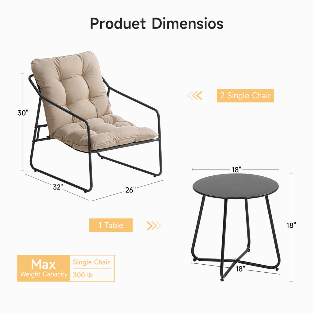 3 Piece Outdoor Bistro Set Patio Upholstered Lounge Chairs, Beige