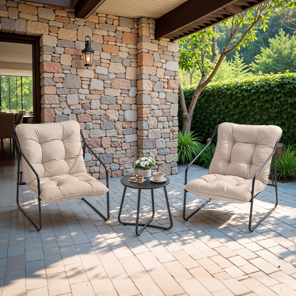 3 Piece Outdoor Bistro Set Patio Upholstered Lounge Chairs, Beige
