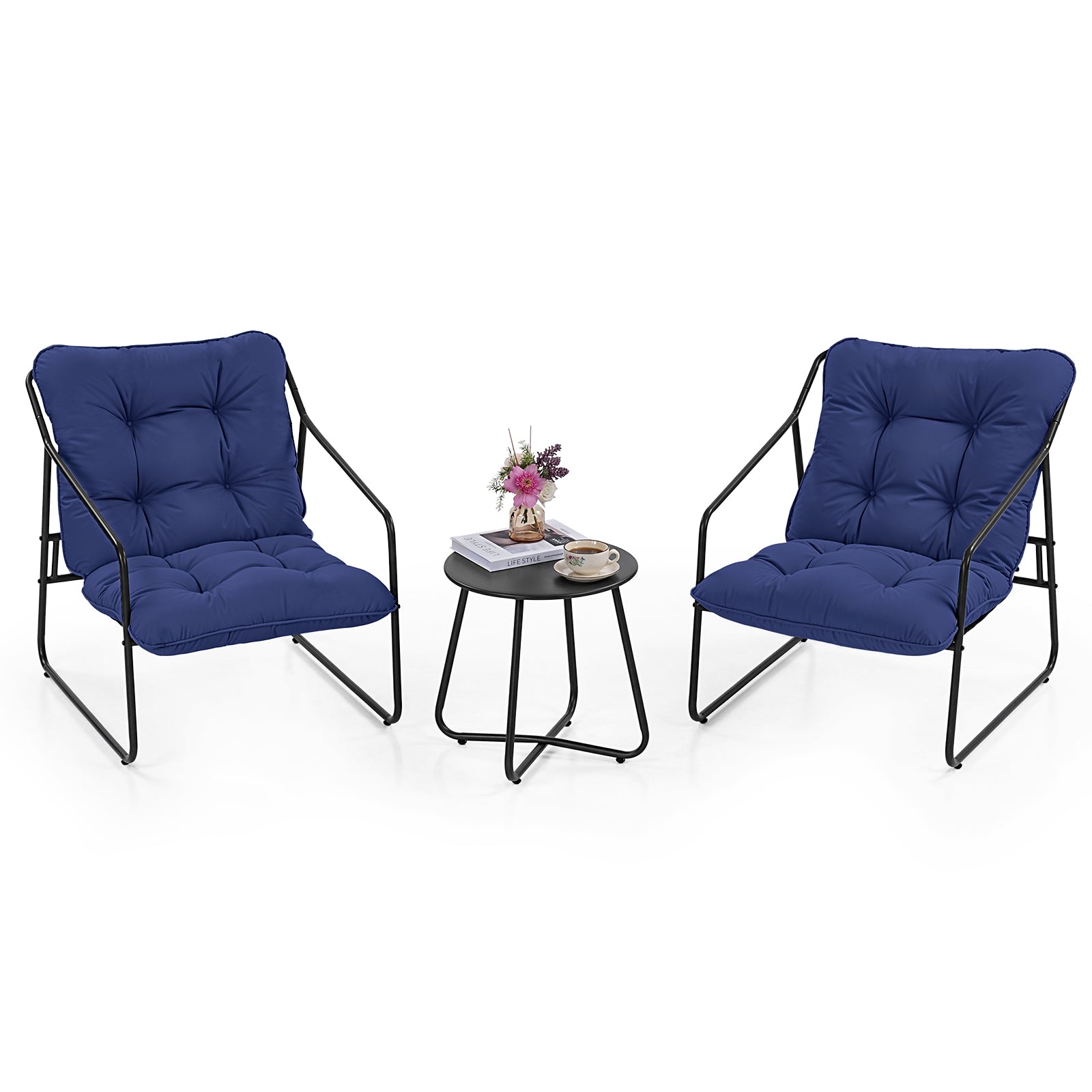 3 Piece Outdoor Bistro Set Patio Upholstered Lounge Chairs, Blue