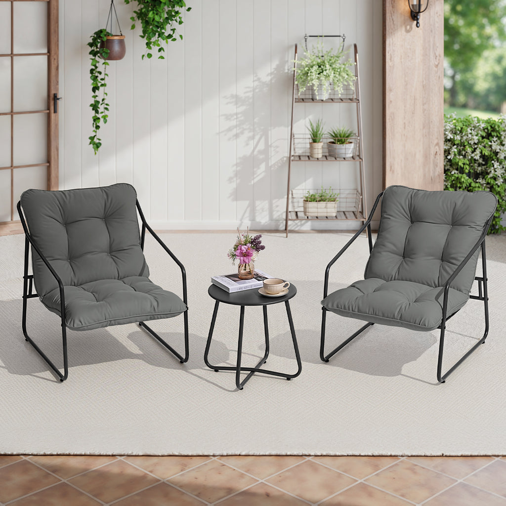 3 Piece Outdoor Bistro Set Patio Upholstered Lounge Chairs, Gray