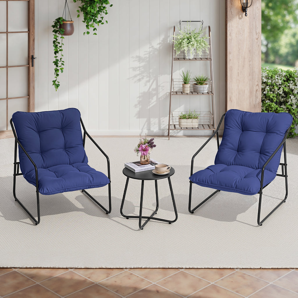 3 Piece Outdoor Bistro Set Patio Upholstered Lounge Chairs, Blue