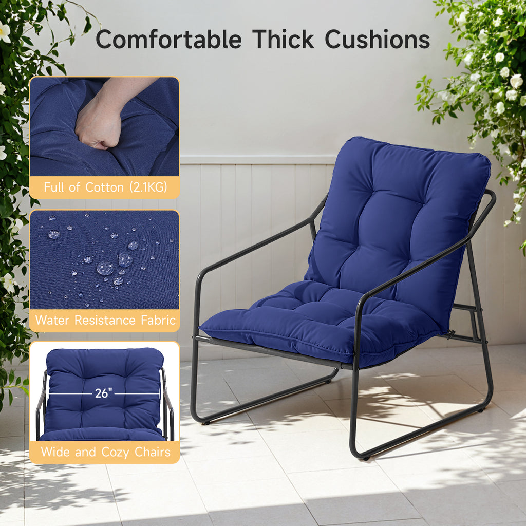 3 Piece Outdoor Bistro Set Patio Upholstered Lounge Chairs, Blue