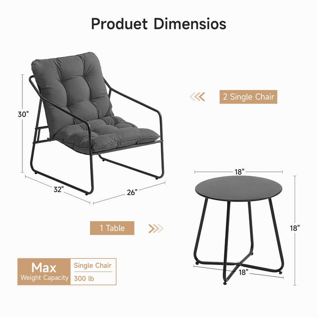 3 Piece Outdoor Bistro Set Patio Upholstered Lounge Chairs, Gray