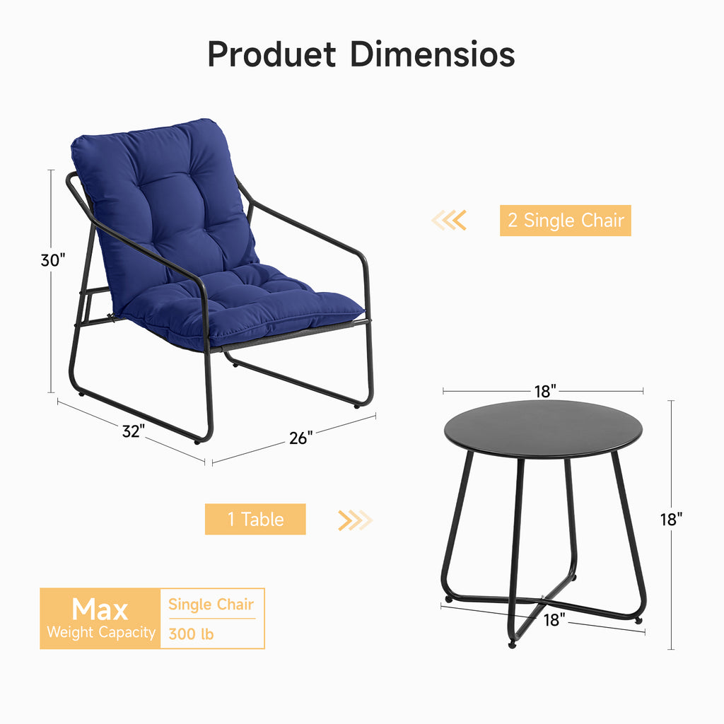 3 Piece Outdoor Bistro Set Patio Upholstered Lounge Chairs, Blue