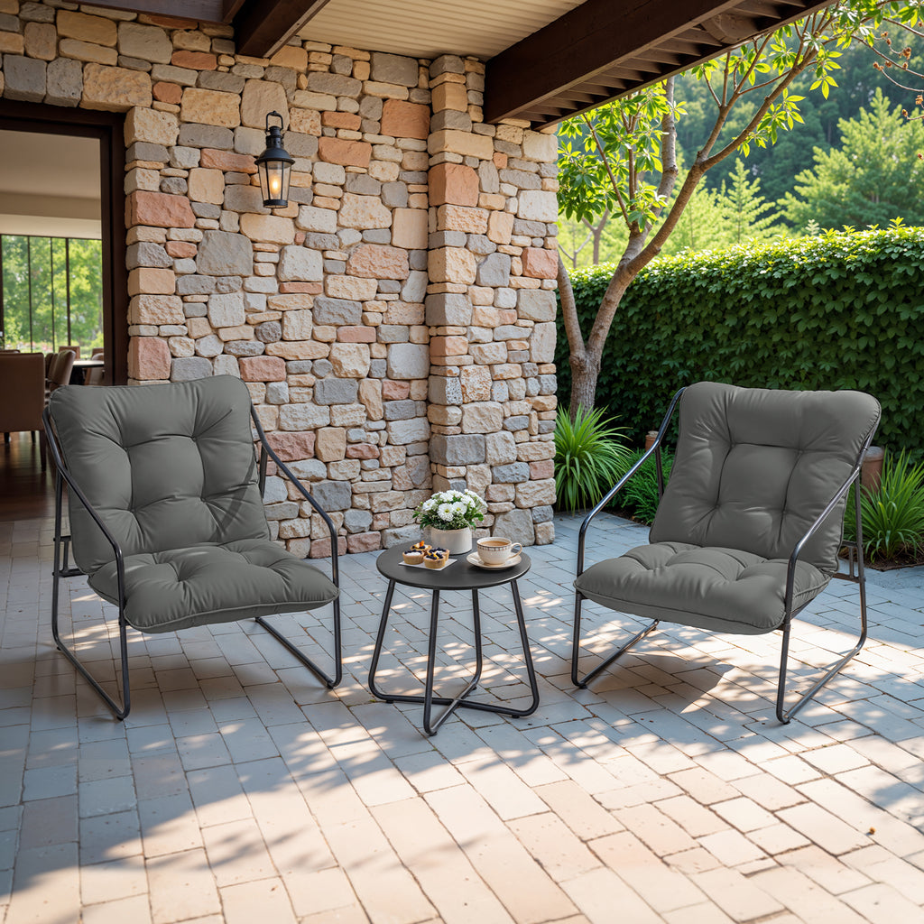 3 Piece Outdoor Bistro Set Patio Upholstered Lounge Chairs, Gray