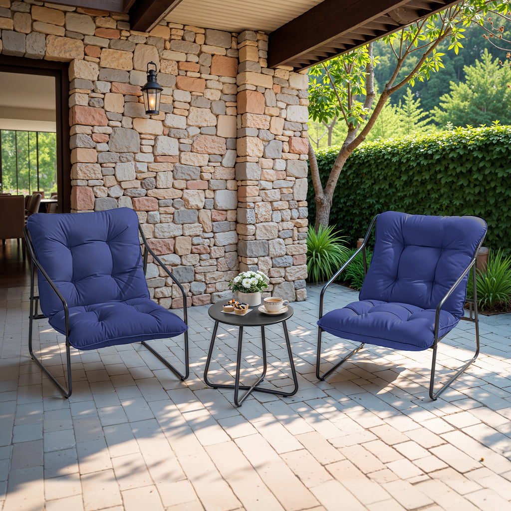 3 Piece Outdoor Bistro Set Patio Upholstered Lounge Chairs, Blue