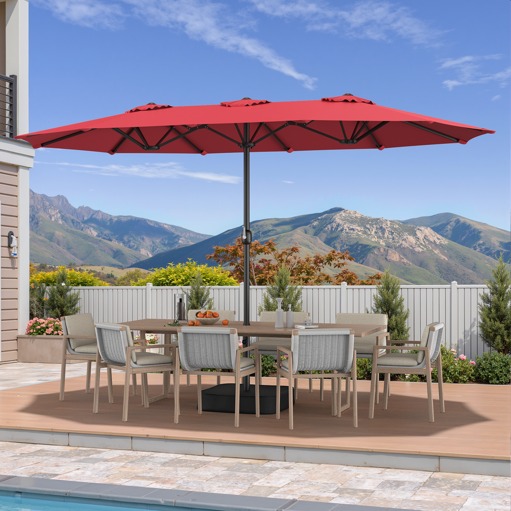 15ft Double Sided Outdoor Patio Umbrella with Base Included, Red