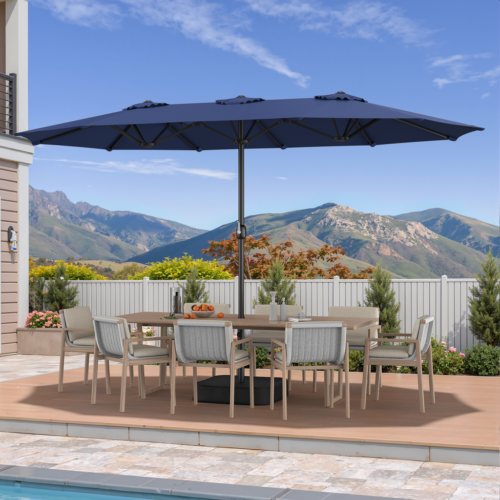 15ft Double Sided Outdoor Patio Umbrella with Base Included, Navy Blue