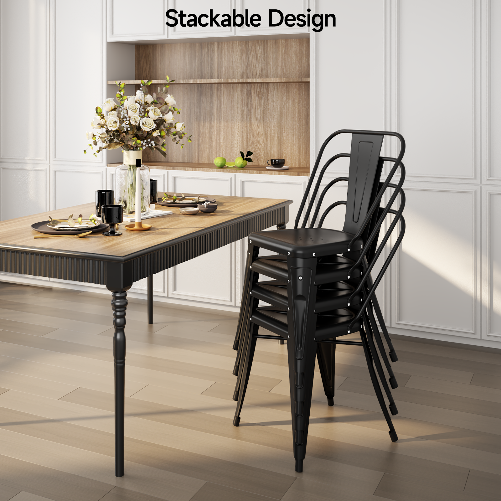 Metal Dining Chairs Set of 4, Modern Stackable Patio Chairs, Black