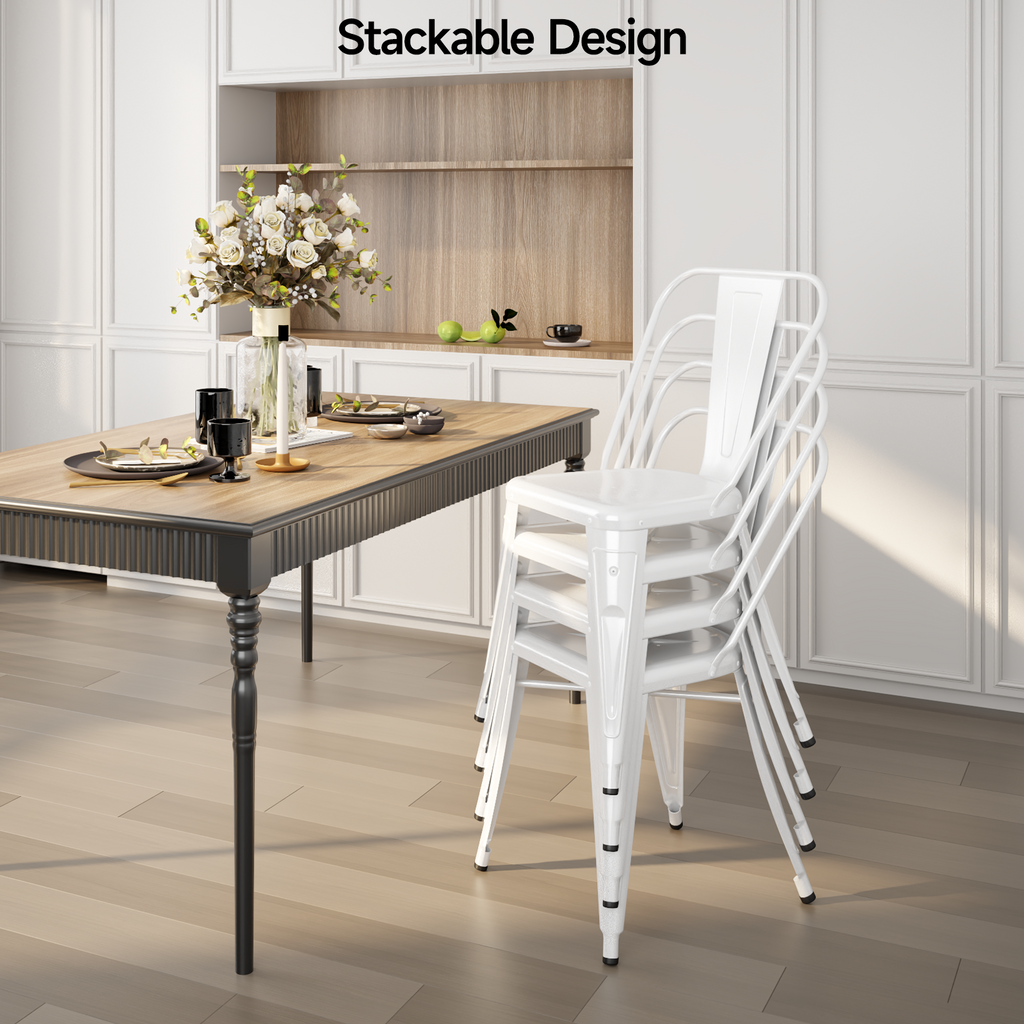 Metal Dining Chairs Set of 4, Modern Stackable Patio Chairs, White
